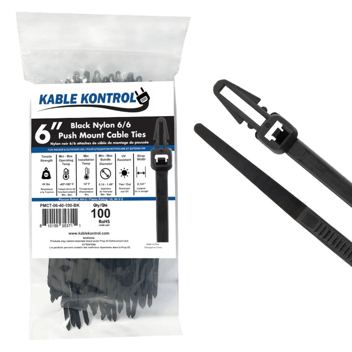 6 Inch - Push Mount Zip Ties - 40 Lbs Strength - 100 Pcs - Black
