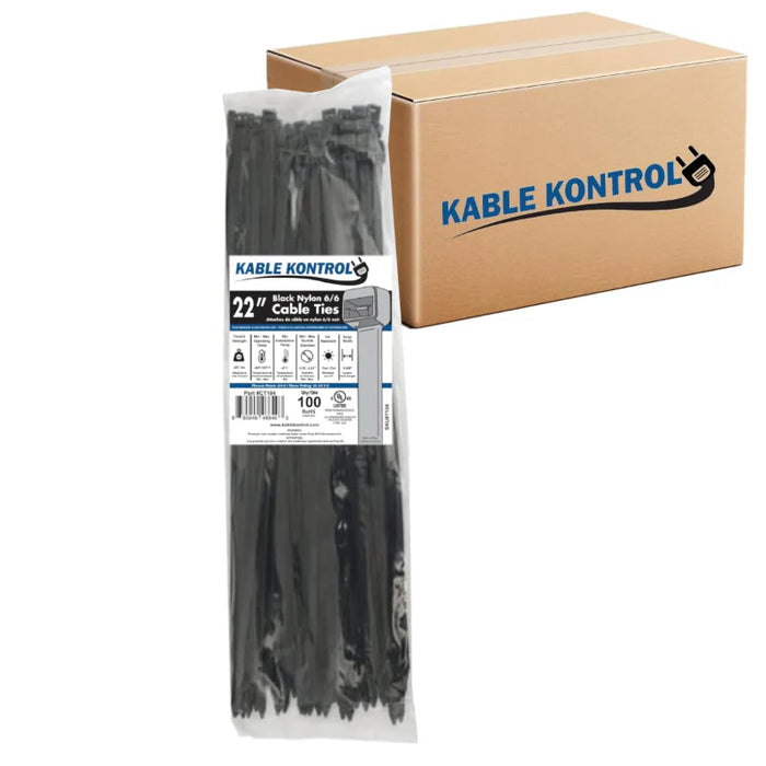 22 Inch - Zip Ties - UV Resistant Nylon - Black - 250 Lbs Strength - 1000 Pcs - Bulk Zip Ties