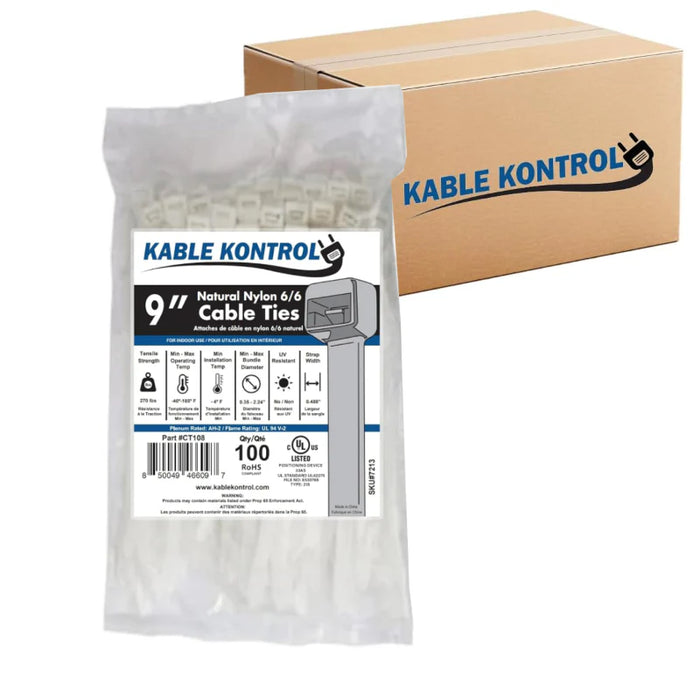 9 Inch - Zip Ties - Nylon - Natural - 250 Lbs Strength - 2000 Pcs - Bulk Zip Ties