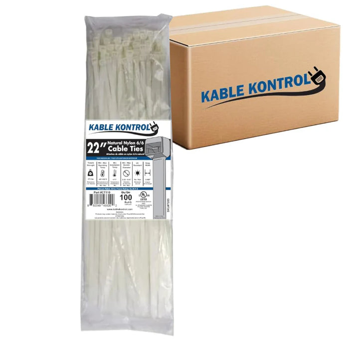 22 Inch - Zip Ties - Nylon - Natural - 250 Lbs Strength - 1000 Pcs - Bulk Zip Ties
