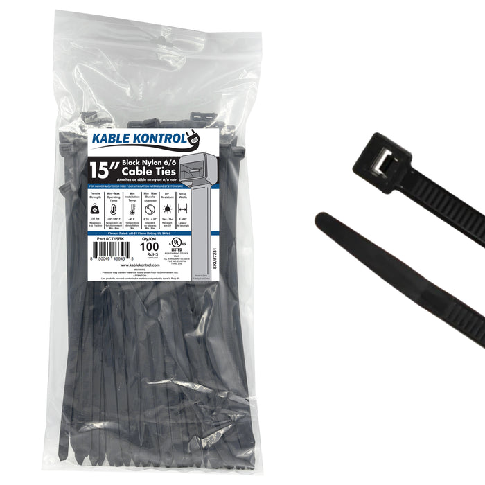 15 Inch - Zip Ties - UV Resistant Nylon - Black - 250 Lbs Strength - 100 Pcs