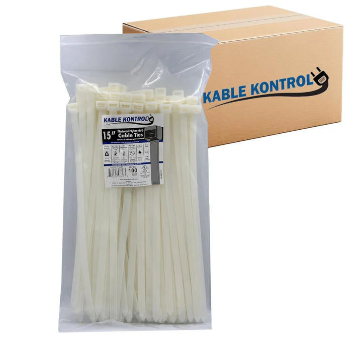 15 Inch - Zip Ties - Nylon - Natural - 250 Lbs Strength - 1500 Pcs - Bulk Zip Ties