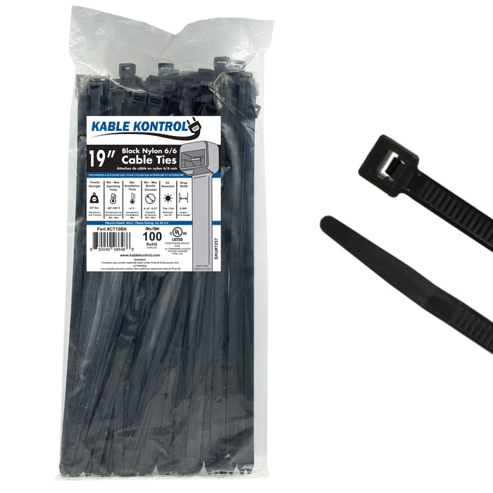 19 Inch - Zip Ties - UV Resistant Nylon - Black - 250 Lbs Strength - 100 Pcs