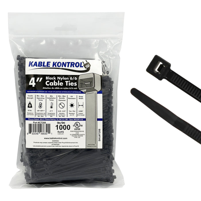 4 Inch - Zip Ties - UV Resistant Nylon - Black - 18 Lbs Strength - 1000 Pcs