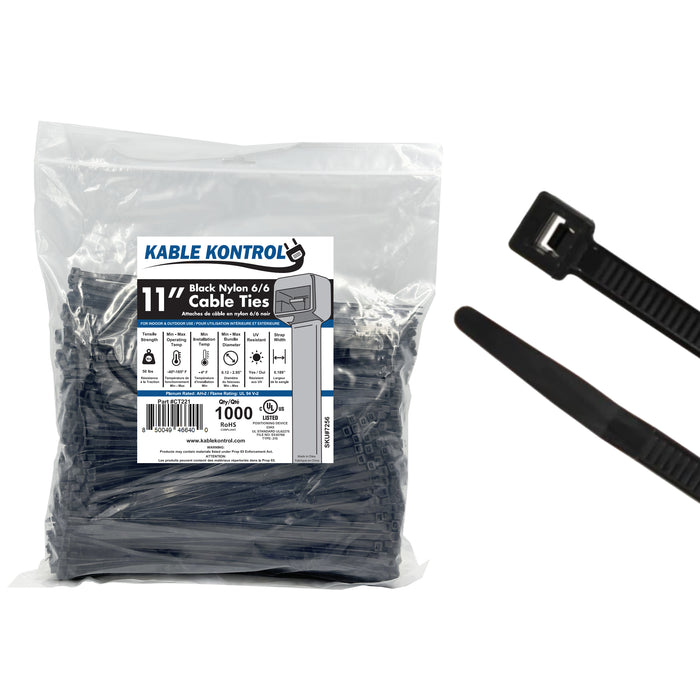 11 Inch - Zip Ties - UV Resistant Nylon - Black - 50 Lbs Strength - 1000 Pcs