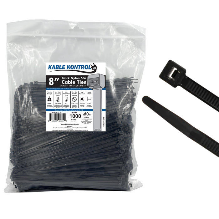 8 Inch - Zip Ties - UV Resistant Nylon - Black - 40 Lbs Strength - 1000 Pcs
