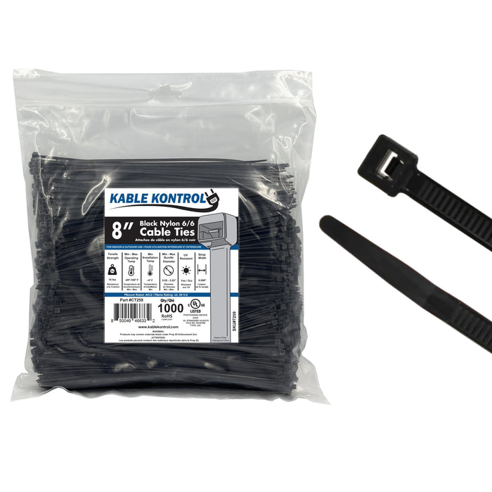 8 Inch - Zip Ties - UV Resistant Nylon - Black - 18 Lbs Strength - 1000 Pcs