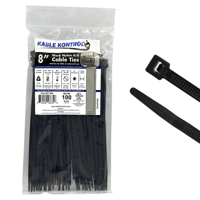 8 Inch - Zip Ties - UV Resistant Nylon - Black - 50 Lbs Strength - 100 Pcs