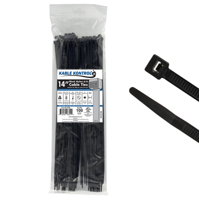 14 Inch - Zip Ties - UV Resistant Nylon - Black - 50 Lbs Strength - 100 Pcs