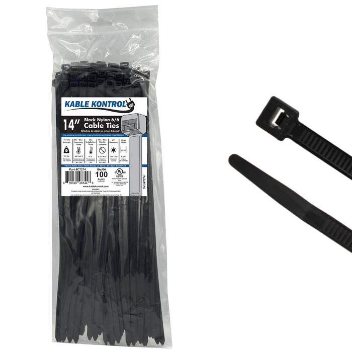 14 Inch - Zip Ties - UV Resistant Nylon - Black - 120 Lbs Strength - 100 Pcs
