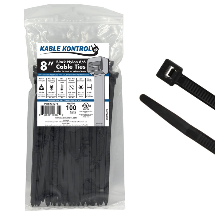 8 Inch - Zip Ties - UV Resistant Nylon - Black - 120 Lbs Strength - 100 Pcs