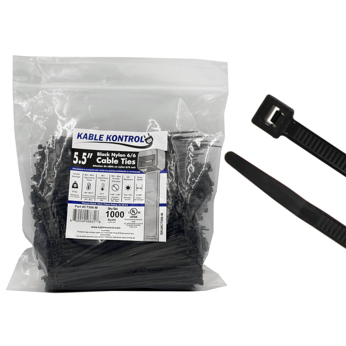 5.5 Inch - Zip Ties - UV Resistant Nylon - Black - 18 Lbs Strength - 1000 Pcs
