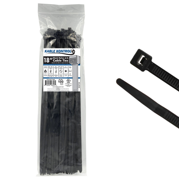18 Inch - Zip Ties - UV Resistant Nylon - Black - 120 Lbs Strength - 100 Pcs
