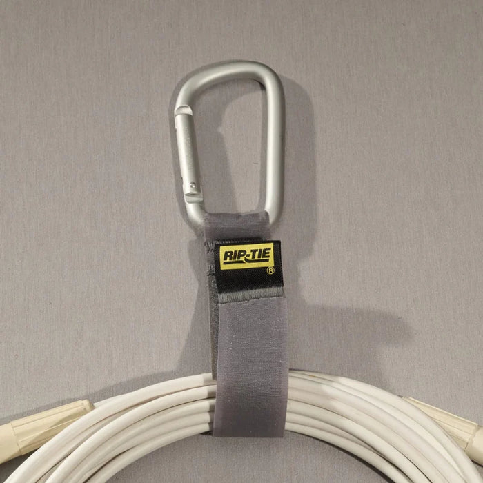 Rip-Tie® Silver Carabiner Hook And Loop Strap - 6" L x 1" W - Nylon - Gray
