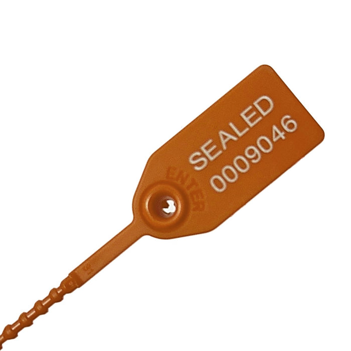 9 Inch - Pull Tight Serialized Tamper Evident Zip Tie Seals - 20 Lbs Strength - 50 Pcs - Orange
