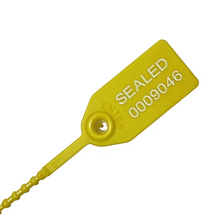 9 Inch - Pull Tight Serialized Tamper Evident Zip Tie Seals - 20 Lbs Strength - 50 Pcs - Yellow
