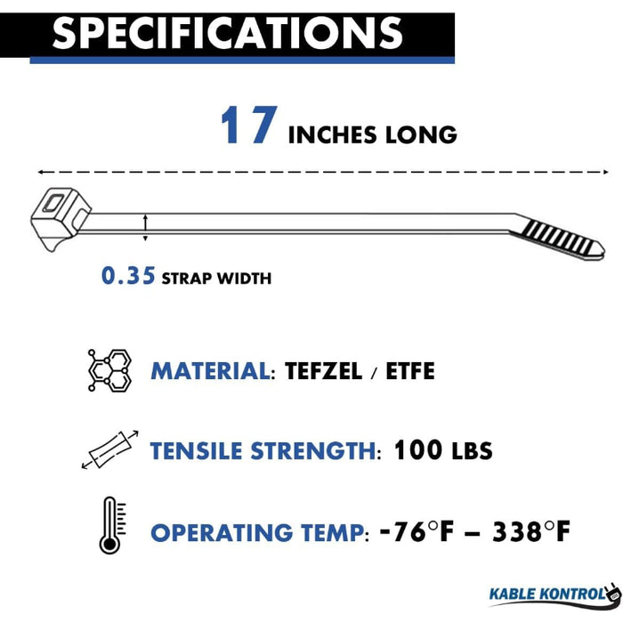 17 Inch - ETFE Tefzel Zip Ties - 100 Lbs Strength - 100 Pcs - Blue