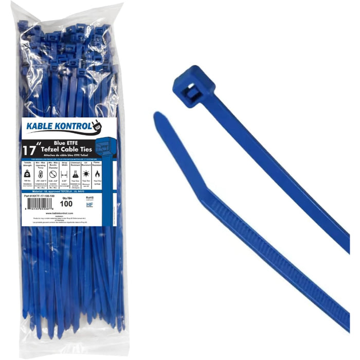 17 Inch - ETFE Tefzel Zip Ties - 100 Lbs Strength - 100 Pcs - Blue