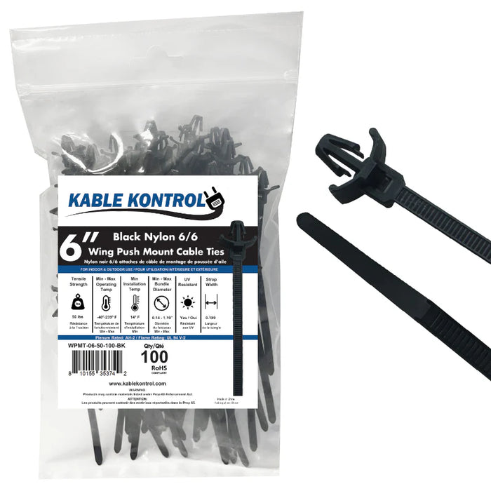 6 Inch - Wing Push Mount Zip Ties - 50 Lbs Strength - 100 Pcs - Black