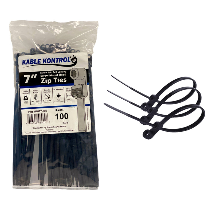 7 Inch - Screw Mount Zip Ties - Black - 50 Lbs Strength - 100 Pcs