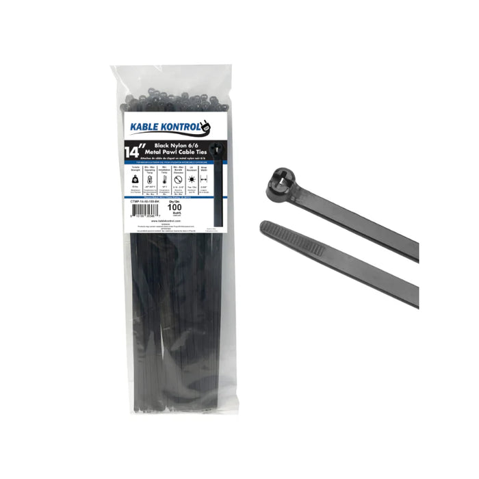 14 Inch - Metal Pawl Zip Ties - 50 Lbs Strength - 100 Pcs - Black