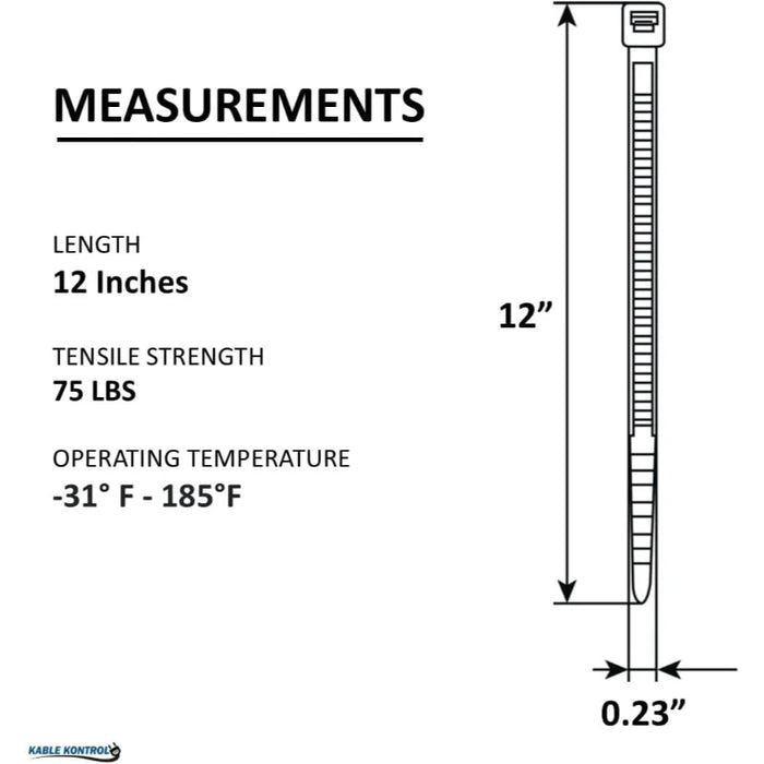 12 Inch - Zip Ties - UV Resistant Nylon - Black - 75 Lbs Strength - 100 Pcs