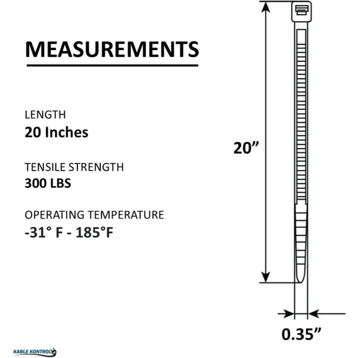 20 Inch - Zip Ties - UV Resistant Nylon - Black - 300 Lbs Strength - 100 Pcs