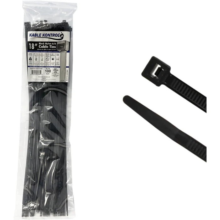 18 Inch - Zip Ties - UV Resistant Nylon - Black - 50 Lbs Strength - 100 Pcs