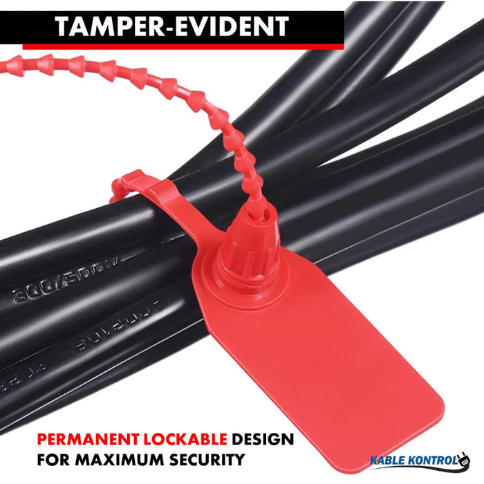 9 Inch - Pull Tight Serialized Tamper Evident Zip Tie Seals - 20 Lbs Strength - 50 Pcs - Red