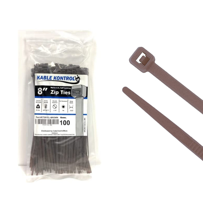 8 Inch - Color Zip Ties - Nylon - Brown - 50 Lbs Strength - 100 Pcs