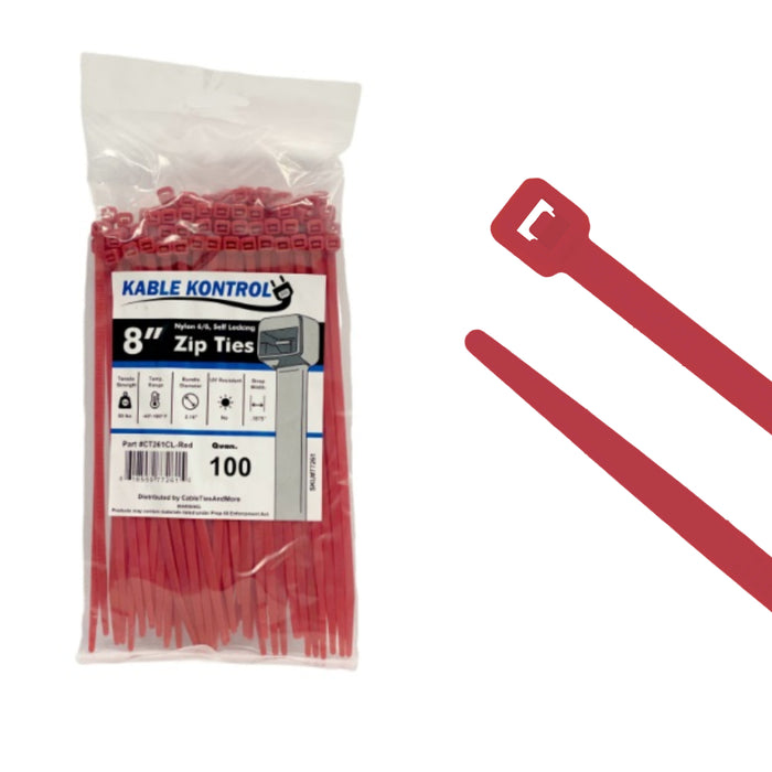 8 Inch - Color Zip Ties - Nylon - Red - 50 Lbs Strength - 100 Pcs