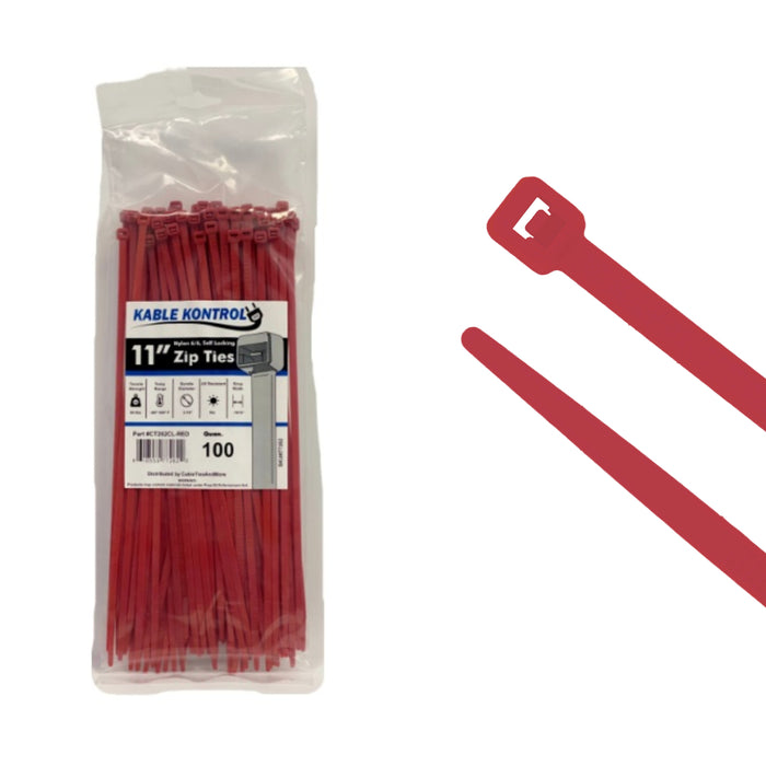 11 Inch - Color Zip Ties - Nylon - Red - 50 Lbs Strength - 100 Pcs