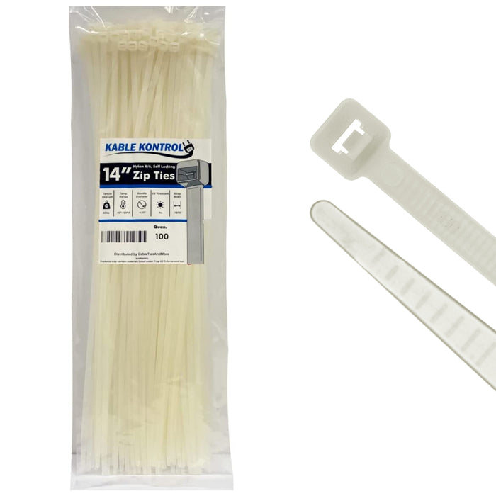 14 Inch - Zip Ties - Nylon - Natural - 50 Lbs Strength - 100 Pcs