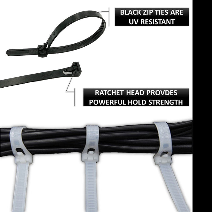 11 Inch - Releasable Reusable Zip Ties - UV Resistant Nylon - Black - 50 Lbs Strength - 100 Pcs