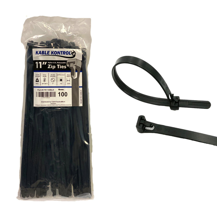 11 Inch - Releasable Reusable Zip Ties - UV Resistant Nylon - Black - 50 Lbs Strength - 100 Pcs