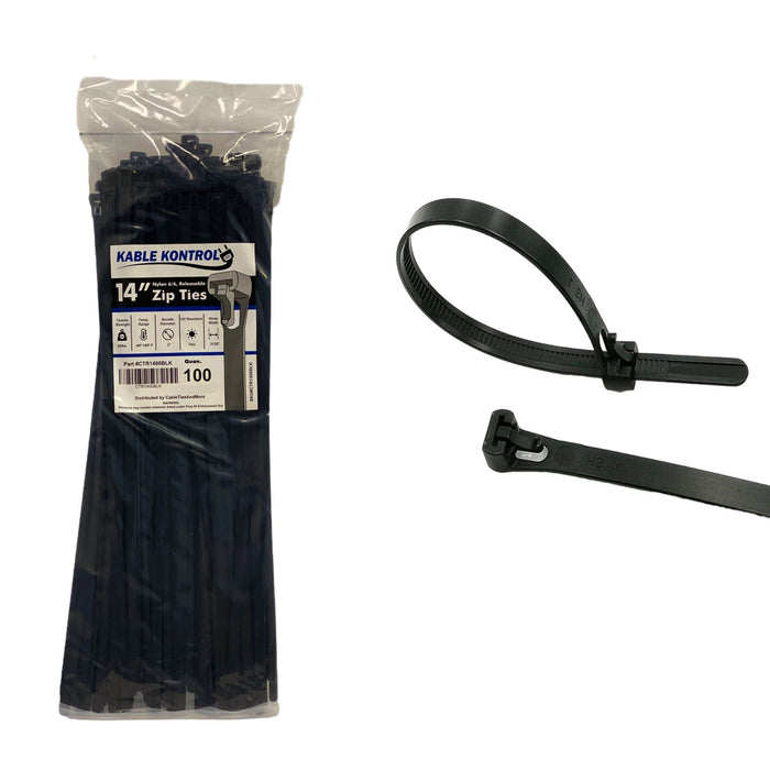 14 Inch - Releasable Reusable Zip Ties - UV Resistant Nylon - Black - 50 Lbs Strength - 100 Pcs