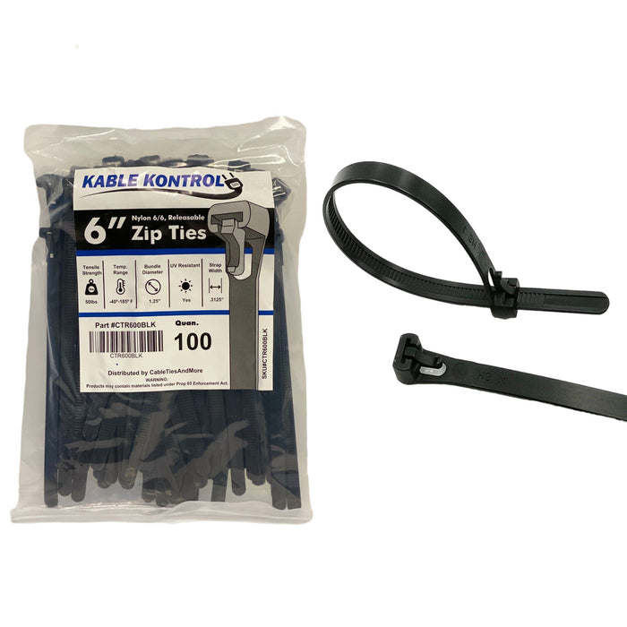 6 Inch - Releasable Reusable Zip Ties - UV Resistant Nylon - Black - 50 Lbs Strength - 100 Pcs