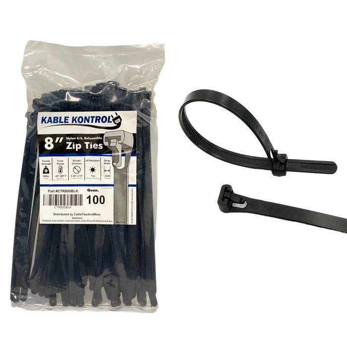 8 Inch - Releasable Reusable Zip Ties - UV Resistant Nylon - Black - 50 Lbs Strength - 100 Pcs
