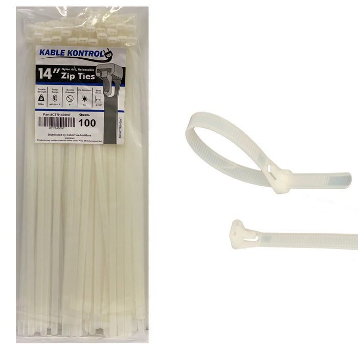 14 Inch - Releasable Reusable Zip Ties - Nylon - Natural - 50 Lbs Strength - 100 Pcs