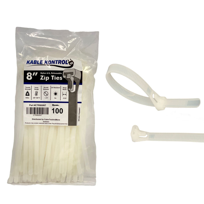 8 Inch - Releasable Reusable Zip Ties - Nylon - Natural - 50 Lbs Strength - 100 Pcs