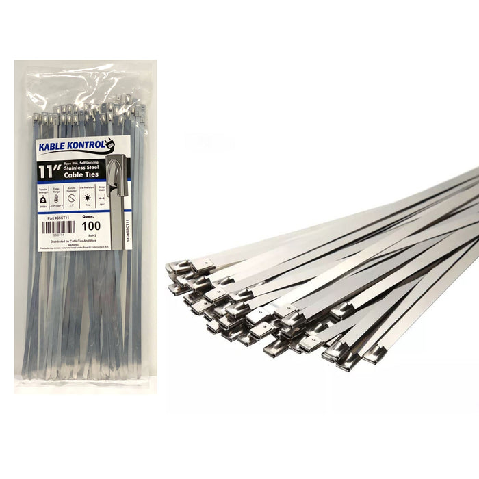 Kable Kontrol® Stainless Steel Metal Zip Ties 11" Inch - 200 Lbs Tensile Strength - 100 Pcs Pack