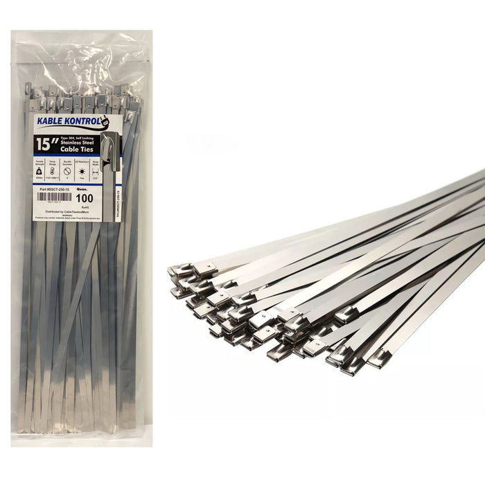 Kable Kontrol® Heavy Duty Stainless Steel Metal Zip Ties 15" Inch - 350 Lbs Tensile Strength - 100 Pcs Pack