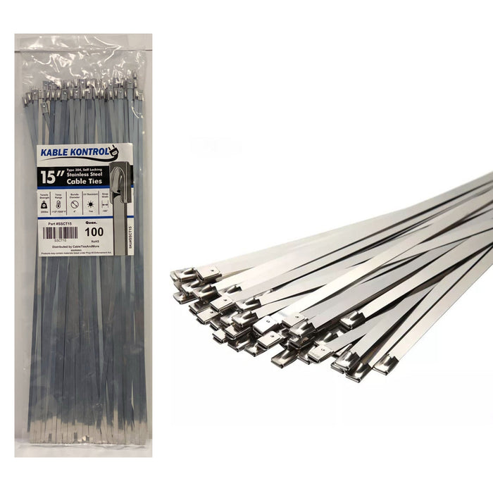 Kable Kontrol® Stainless Steel Metal Zip Ties 15" Inch - 200 Lbs Tensile Strength - 100 Pcs Pack