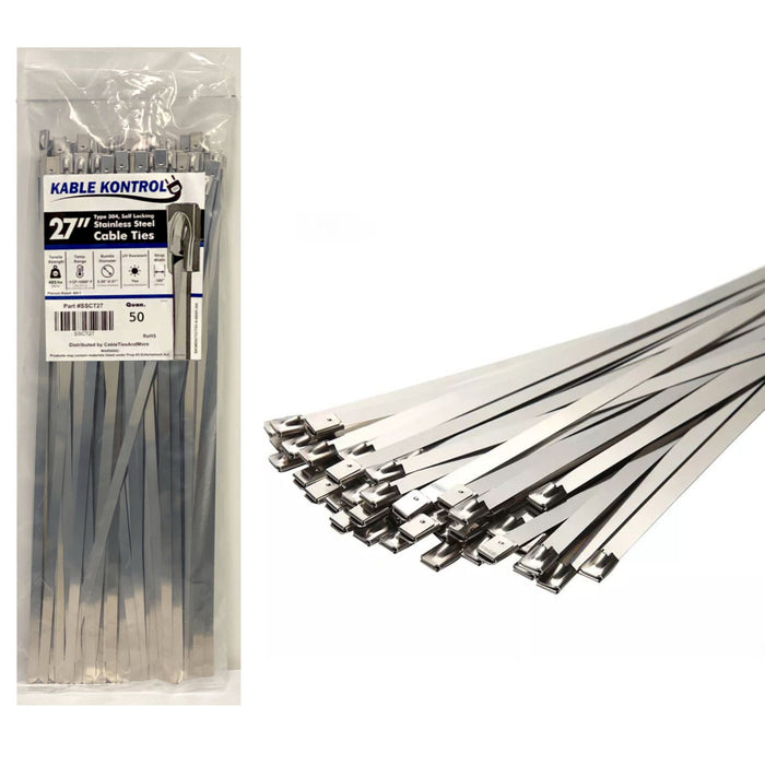 Kable Kontrol® Heavy Duty Stainless Steel Metal Zip Ties 27" Inch - 485 Lb Tensile Strength - 50 Pcs Pack