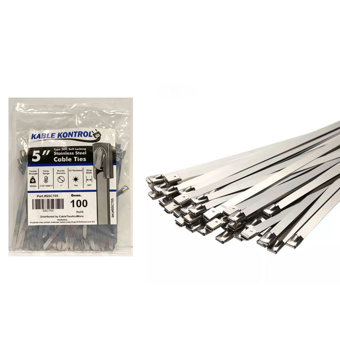 Kable Kontrol® Stainless Steel Metal Zip Ties 5" Inch - 200 Lbs Tensile Strength - 100 Pcs Pack