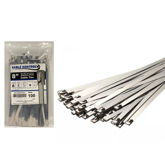 Kable Kontrol® Heavy Duty Stainless Steel Metal Zip Ties 8" Inch - 350 Lbs Tensile Strength - 100 Pcs Pack