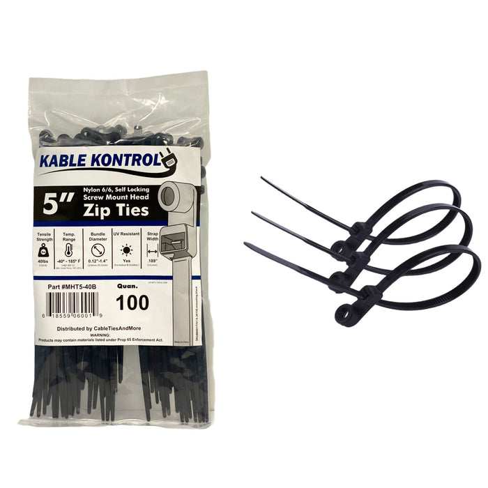 Kable Kontrol® Screw Mount Cable Ties 5" Inch - 4 Lbs Tensile Strength - UV Resistant - Black - 1 Pcs Pack