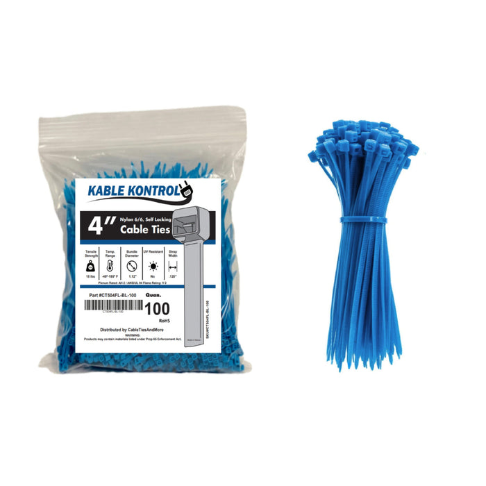 4 Inch - Color Zip Ties - Nylon - Fluorescent Blue - 18 Lbs Strength - 100 Pcs