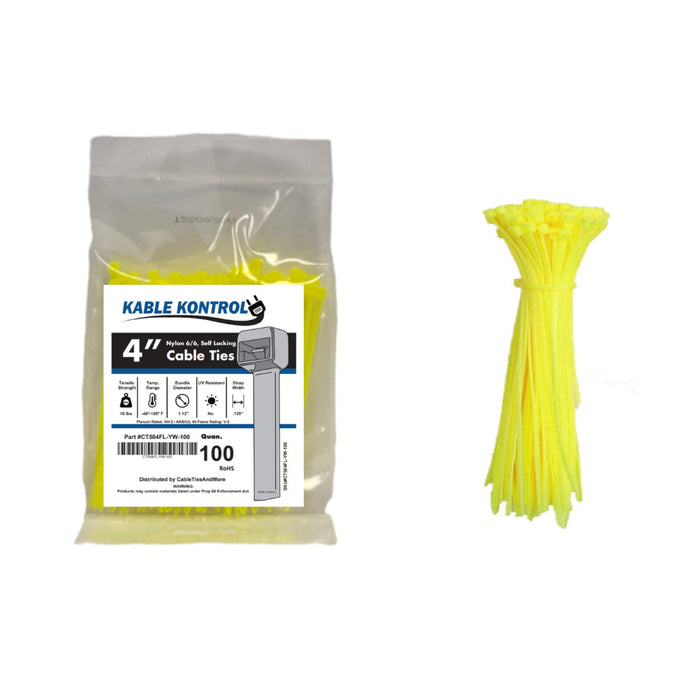4 Inch - Color Zip Ties - Nylon - Fluorescent Yellow - 18 Lbs Strength - 100 Pcs