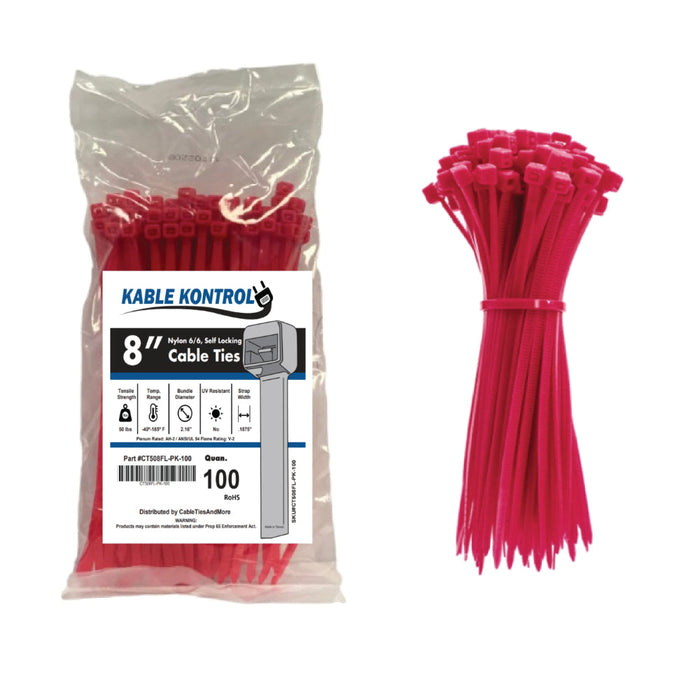 8 Inch - Color Zip Ties - Nylon - Fluorescent Pink - 50 Lbs Strength - 100 Pcs